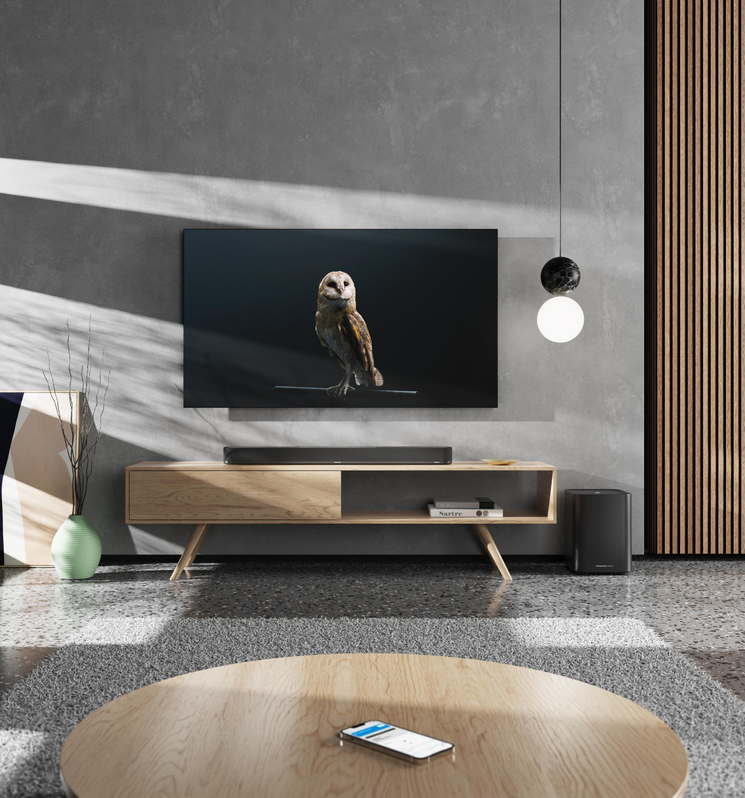 sala de tv con ambeo soundbar plus controlado por app